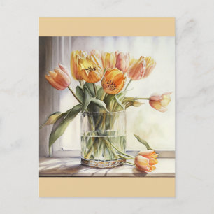 Yellow tulips watercolor postcard