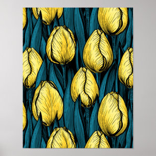 Yellow tulips with blue leaves poster
