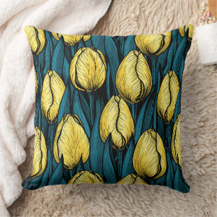 Yellow tulips with blue leaves throw pillow