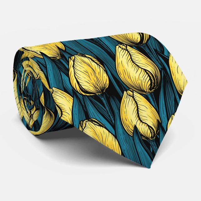 Yellow tulips with blue leaves tie (Rolled)