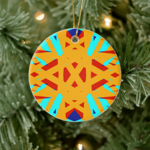 Yellow Turquoise Blue Geometric Art Deco Festive Ceramic Ornament
