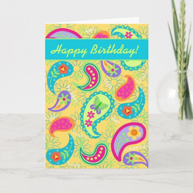 Yellow Turquoise Modern Paisely Happy Birthday Card (Front)