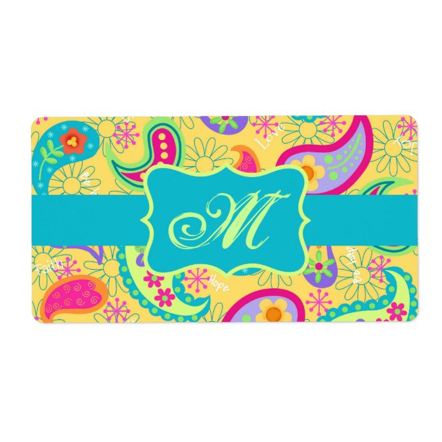 Yellow Turquoise Moderne Pasley Motif Monogramme (Devant)