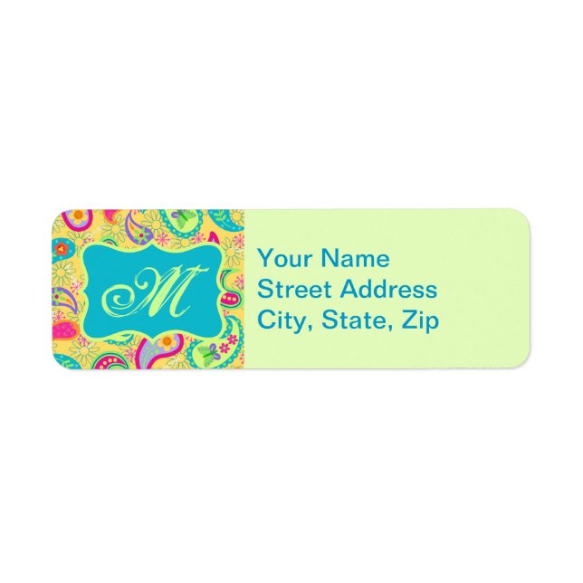 Yellow Turquoise Moderne Pasley Motif Monogramme (Devant)