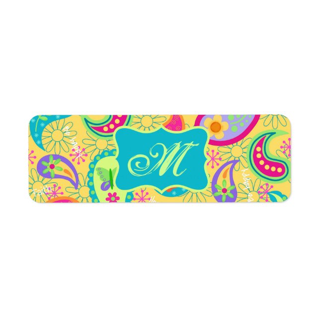 Yellow Turquoise Moderne Pasley Motif Monogramme (Devant)