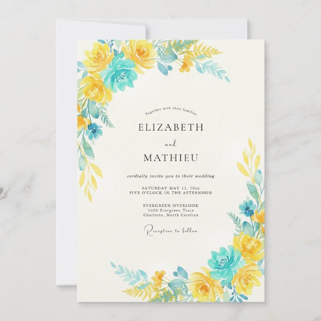 Yellow Turquoise Petal Wedding Invitation (Front)