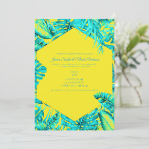 Yellow & Turquoise Tropical Palm Leaves Wedding In Invitation