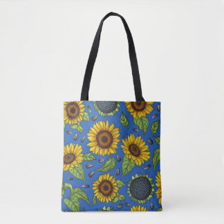 Yellow Ukraine Sunflowers On Blue Tote Bag