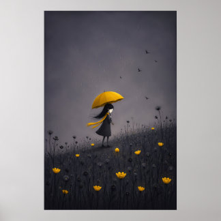 Yellow Umbrella Dark Whimsical Floral Poster