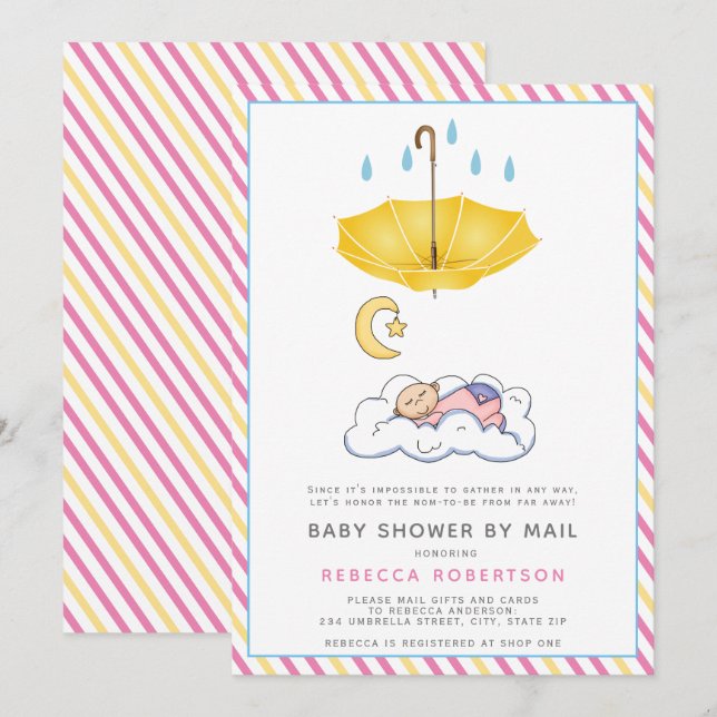 Yellow umbrella, sleeping baby girl shower by mail invitation (Front/Back)