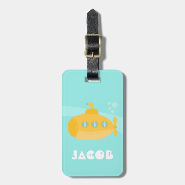 Yellow Underwater Submarine  Kids Personalized Luggage Tag (Front Vertical)