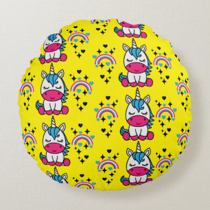 Yellow Unicorn Pony Round Pillow