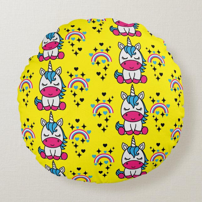 Yellow Unicorn Pony Round Pillow (Front)