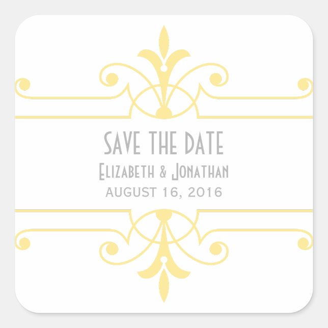 Yellow v2 Fancy Ornamental Save the Date Stickers (Front)