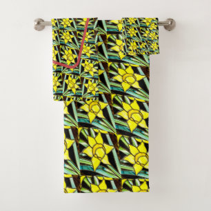 Yellow Valuable Flowers Pattern Bath Towel Set