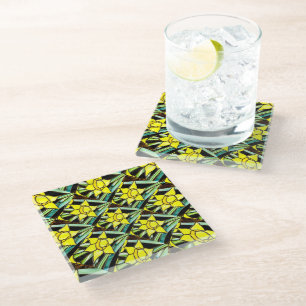 Yellow Valuable Flowers Pattern Glass Coaster