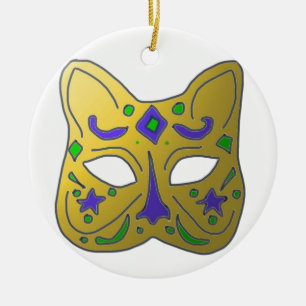 Yellow Venetian Cat Mask Design Ceramic Ornament
