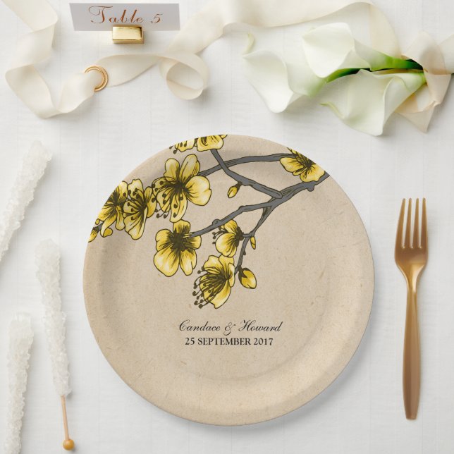 Yellow Vintage Cherry Blossoms Paper Plates (Wedding)