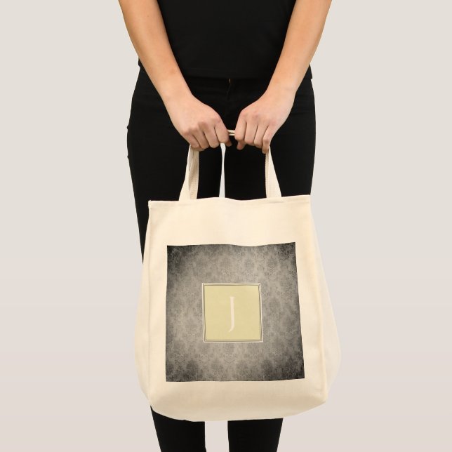 Yellow Vintage Damask Monogram Tote Bag (Front (Product))