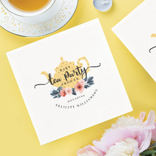 Yellow Vintage Floral Teapot Tea Party Baby Shower Napkin