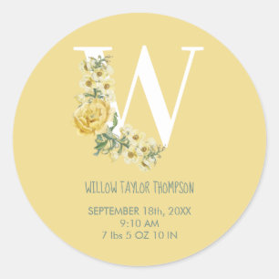 Yellow Vintage Flowers Initial Baby Birth Stats Classic Round Sticker
