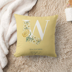 Yellow Vintage Flowers Initial Baby Birth Stats Throw Pillow