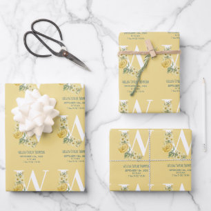 Yellow Vintage Flowers Initial Baby Birth Stats Wrapping Paper Sheet