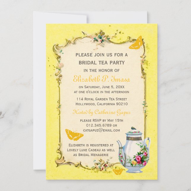 Yellow Vintage French Bridal Tea Party Invitation (Front)