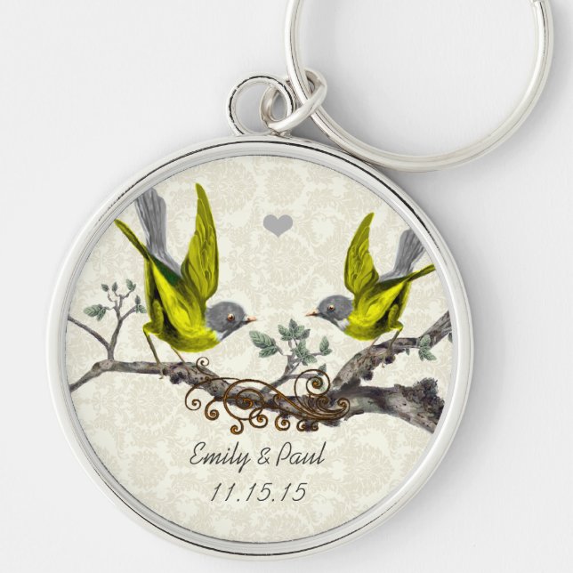 Yellow Vintage Love Birds Wedding Key Chain (Front)