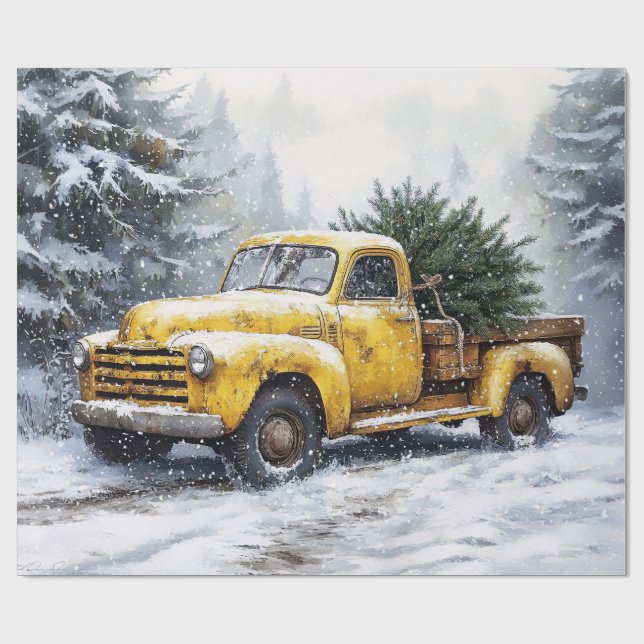 Yellow Vintage Pickup Truck Christmas Tree Wrapping Paper (Flat)