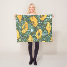 Yellow Vintage Poppy Fleece Blanket