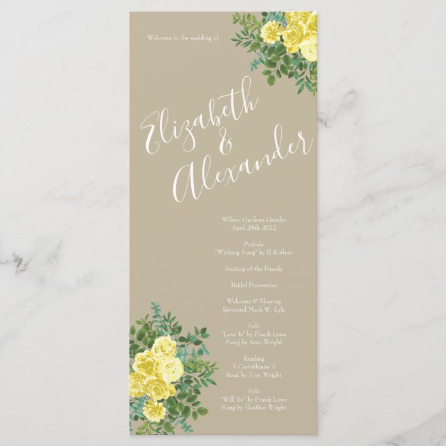 Yellow Vintage Rose Elegant Wedding Menu (Front)