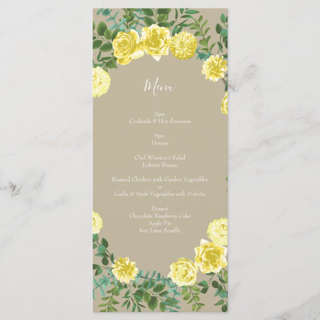 Yellow Vintage Rose Elegant Wedding Menu (Front)