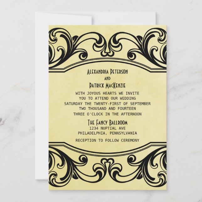 Yellow Vintage Swirls Wedding Invite (Front)