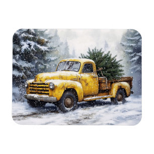 Yellow Vintage Truck Christmas Tree Flexible Magnet