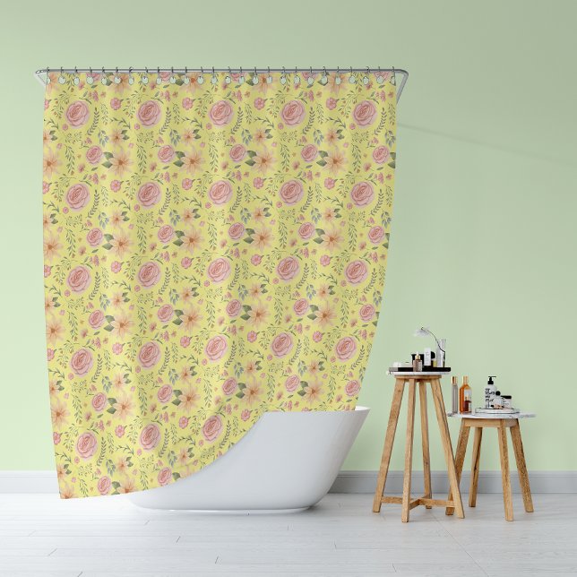 Yellow Vintage Wildflower Rose Pattern  (Yellow Vintage Wildflower Rose Pattern Shower Curtain)