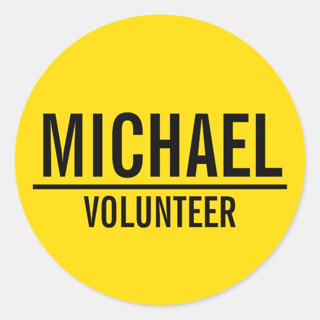 Yellow Volunteer Badge with Custom Name Classic Round Sticker (Front)