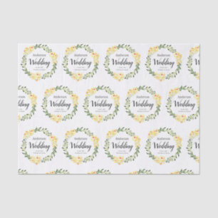 Yellow W/C Flowers Names & Date on White Wedding Tissue Paper