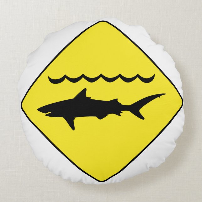 Yellow 'warning sharks' sign round pillow (Back)