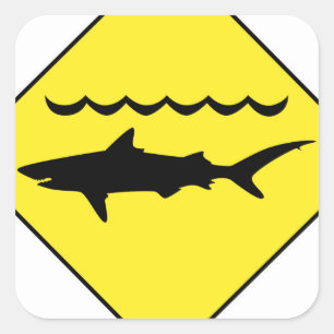 Yellow 'warning sharks' sign square sticker