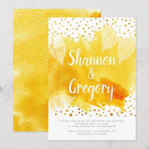 Yellow watercolor and leaves gold confetti wedding invitation