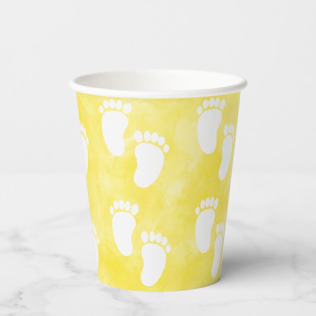 Yellow Watercolor Baby Shower Footprint Pattern Paper Cups (Back)