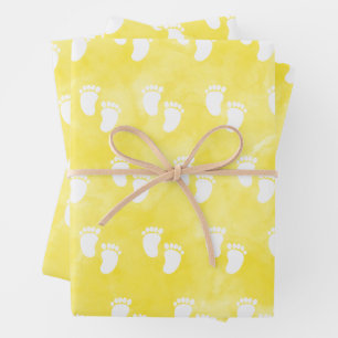 Yellow Watercolor Baby Shower Footprint Pattern Wrapping Paper Sheet