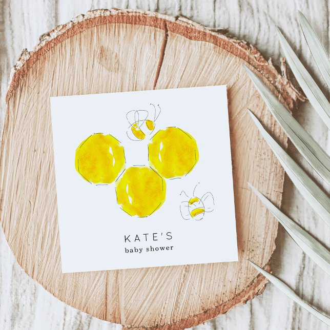 Yellow Watercolor Bumble Bee Honeycomb Baby Shower Napkin (Yellow honeycomb and bees custom baby shower napkins.)