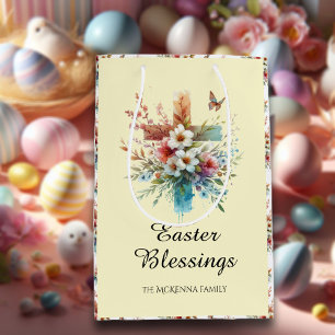 Yellow Watercolor Cross Flowers Christian Easter Medium Gift Bag