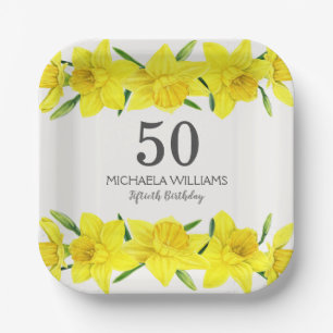 Yellow Watercolor Daffodil 50th Birthday Party Paper Plate