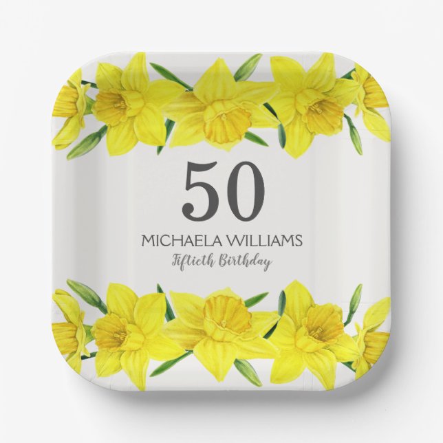 Yellow Watercolor Daffodil 50th Birthday Party Paper Plate (Front)