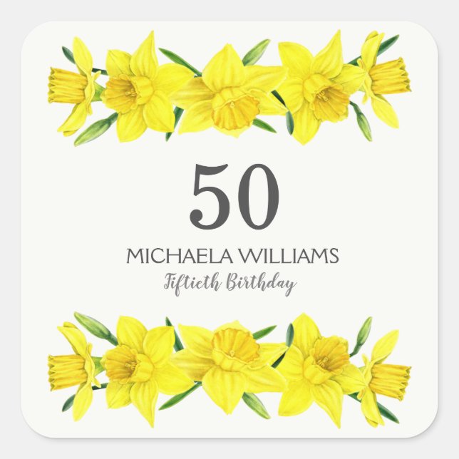 Yellow Watercolor Daffodil 50th Birthday Square Sticker (Front)