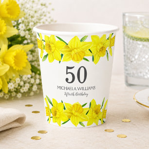 Yellow Watercolor Daffodils 50th Birthday Party Paper Cups