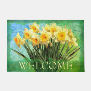 Yellow Watercolor Daffodils on Green Welcome Doormat
